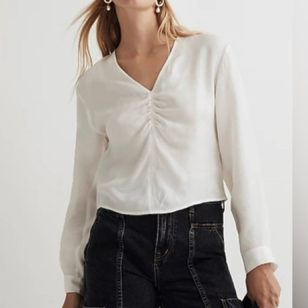 Madewell Brushed Ruched-Front Top Ivory White Long Sleeve Blouse